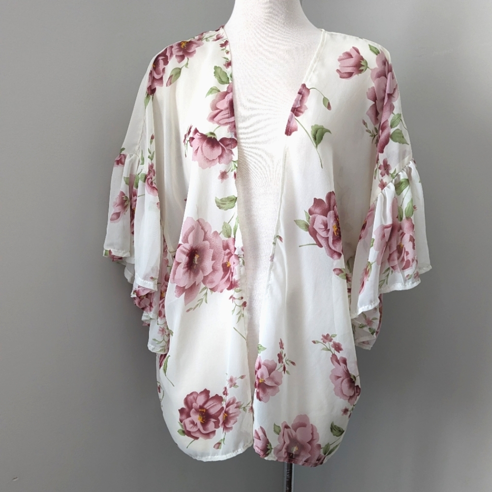 Sheer Floral Open Front Cardigan Cover Up